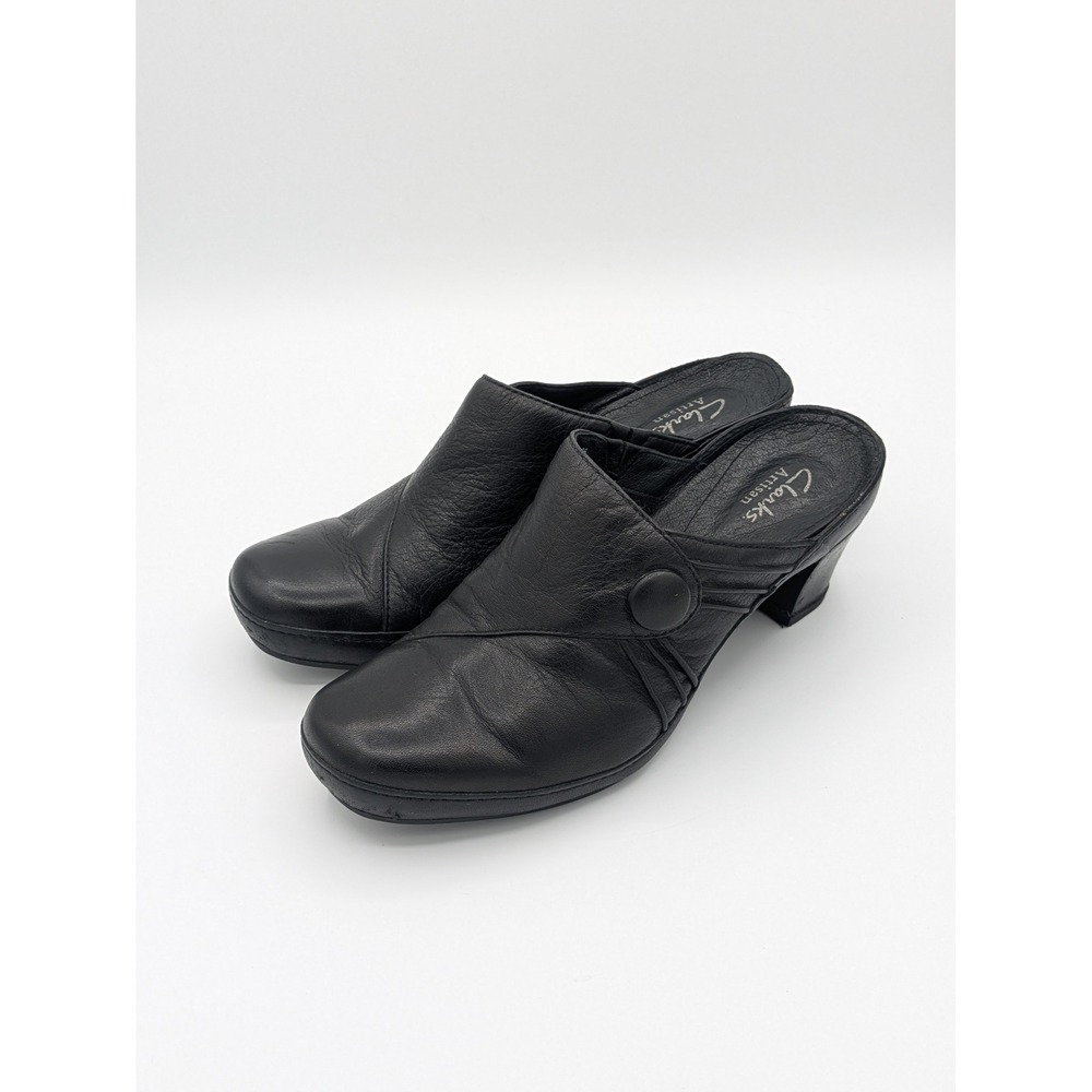Clarksβ Artisan Mules 7M Black Leather Block Heel Professional Career